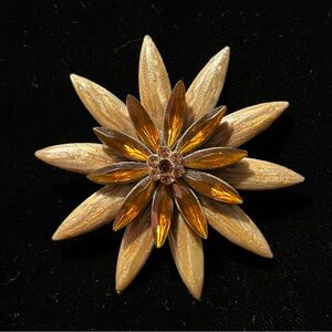 Golden Floral Brooch with Amber Accents